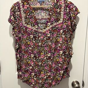 Democracy Floral V-Neck Ruffled Sleeve Blouse - Pink, Black, Cream